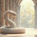 Rüyada Yılan Görmek: Anime tarzında, beyaz yılanın Asklepios asasına sarıldığı Yunan tapınağı sahnesi, kutsal atmosfer.