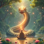 Rüyada Yılan Görmek: Anime tarzında, kundalini yılanının bilgeye sarıldığı manevi Hint tapınağı sahnesi, lotus motifleri.