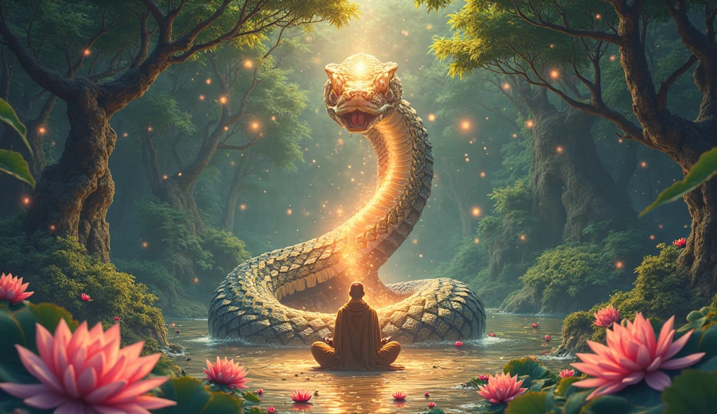 Rüyada Yılan Görmek: Anime tarzında, kundalini yılanının bilgeye sarıldığı manevi Hint tapınağı sahnesi, lotus motifleri.