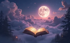 Rüya Tabiri: Gece gökyüzünde süzülen altın sayfalı antik kitap, puslu ormanda dolunay ve mistik sembollerle çevrili rüya gibi bir manzara