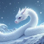 Rüyada Yılan Görmek: Anime tarzında, inci pullu beyaz yılanın karlı dağlarda ay ışığında süzüldüğü mistik sahne.