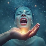 Rüyada Diş Dökülmesi Rüya Tabiri: Bir rüyada, avucunda düşen dişleri tutan kişinin mistik ve karanlık bir dünyada tasviri.