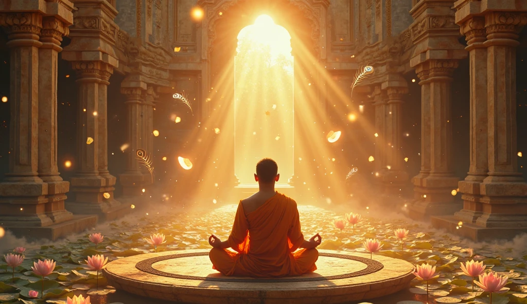 Rüyada Diş Dökülmesi Rüya Tabiri: Hint tapınağı avlusunda meditasyonda olan turuncu cübbeli figürün etrafında, saydam ve ışıldayan dişler düşüyor; bu, ruhsal dönüşüm ve karmanın sembolü.
