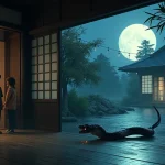 Rüyada Yılan Görmek: Anime tarzında, Japon evinde süzülen yılanın ürpertici sahnesi, mum ışığı gölgeleri.