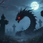Rüyada Yılan Görmek: Anime tarzında, ay ışığında mezarlıkta kırmızı gözlü siyah bir yılanın süzüldüğü gotik sahne, uğursuz atmosfer.