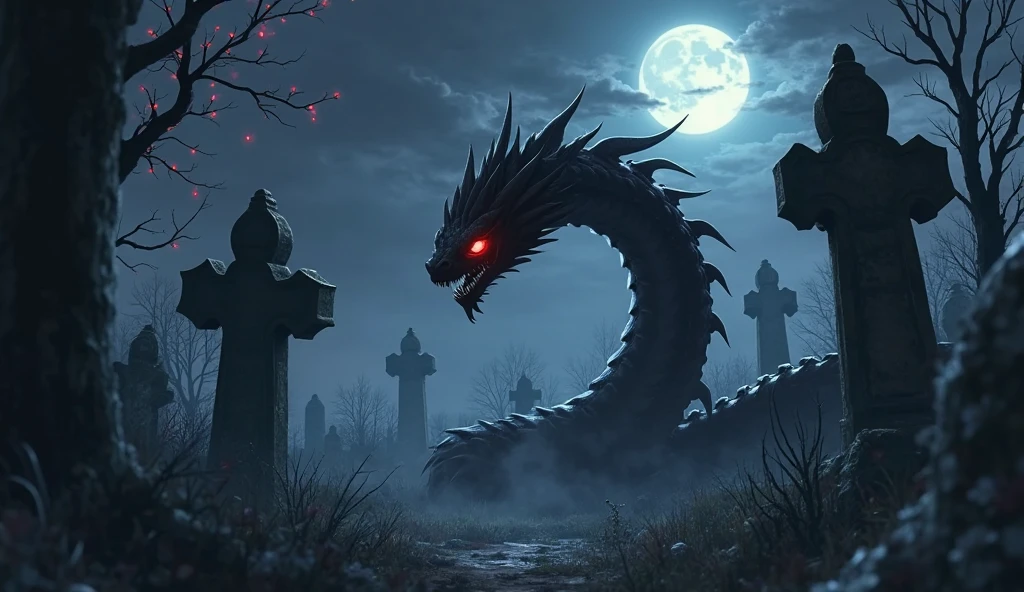 Rüyada Yılan Görmek: Anime tarzında, ay ışığında mezarlıkta kırmızı gözlü siyah bir yılanın süzüldüğü gotik sahne, uğursuz atmosfer.