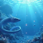 Rüyada Yılan Görmek: Anime tarzında, su yılanının mercan resifinde süzüldüğü huzurlu sualtı sahnesi, biyolüminesan bitkiler.