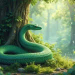 Rüyada Yılan Görmek: Anime tarzında, yeşil yılanın yosunlu ağaca sarıldığı huzurlu yağmur ormanı sahnesi, yumuşak ışıklandırma.
