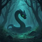 Anime tarzında, alacakaranlık ormanında zümrüt gözlü bir yılanın sisler arasında kıvrıldığı gizemli bir sahne, dramatik ışık ve etereal atmosfer.