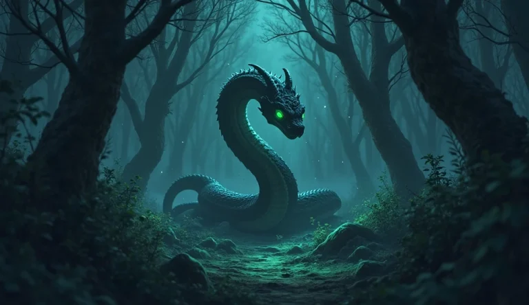 Anime tarzında, alacakaranlık ormanında zümrüt gözlü bir yılanın sisler arasında kıvrıldığı gizemli bir sahne, dramatik ışık ve etereal atmosfer.