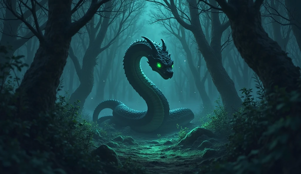 Anime tarzında, alacakaranlık ormanında zümrüt gözlü bir yılanın sisler arasında kıvrıldığı gizemli bir sahne, dramatik ışık ve etereal atmosfer.