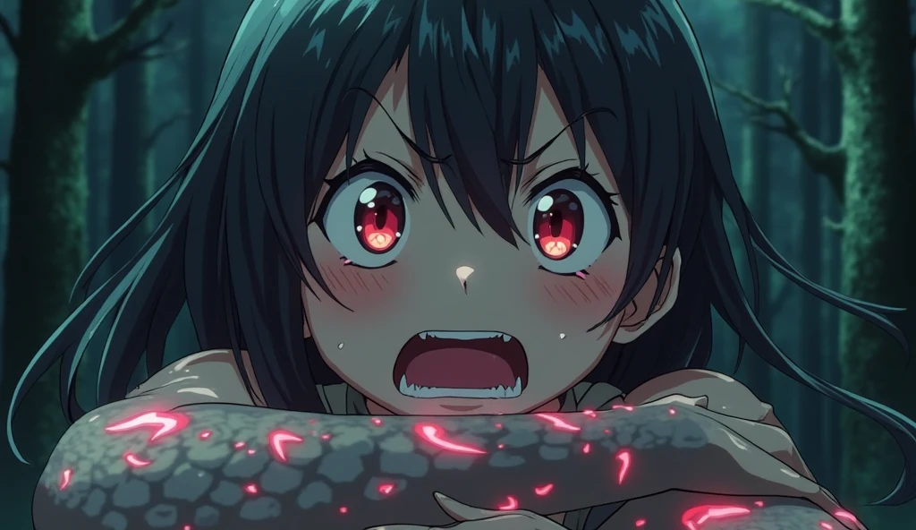 Rüyada Yılan Görmek: Anime tarzında, yılanın kolunu ısırdığı korku dolu karakterin yakın çekim sahnesi, karanlık orman arka plan.