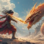 Rüyada Yılan Görmek: Anime tarzında, süslü zırhlı bir savaşçının parlayan kılıçla dev bir yılana vurduğu epik savaş sahnesi, harabe tapınak arka planda.