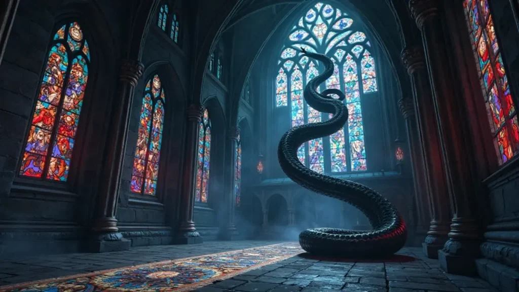 Rüyada Yılan Görmek: Ortaçağ’da rüyada yılan görmek, anime tarzı gotik katedral sahnesi, yılan.