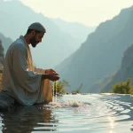 Rüyada Abdest Alıp Kur'ân Okumak: Doğal bir dağ pınarında abdest alan Müslüman bir adam, manevi huzur ve içsel arınmayı simgeler.