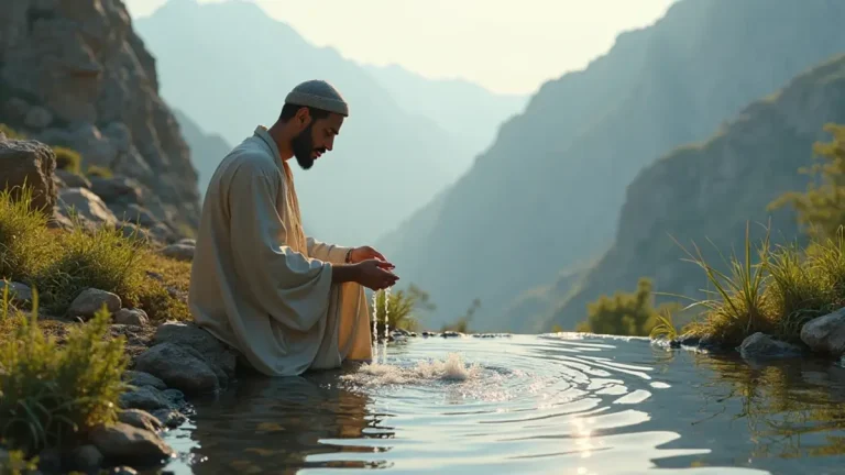 Rüyada Abdest Alıp Kur'ân Okumak: Doğal bir dağ pınarında abdest alan Müslüman bir adam, manevi huzur ve içsel arınmayı simgeler.