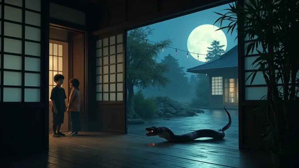 Rüyada Yılan Görmek: Rüyada evde yılan görmek ne anlama gelir, anime tarzı Japon evi sahnesi, yılan.