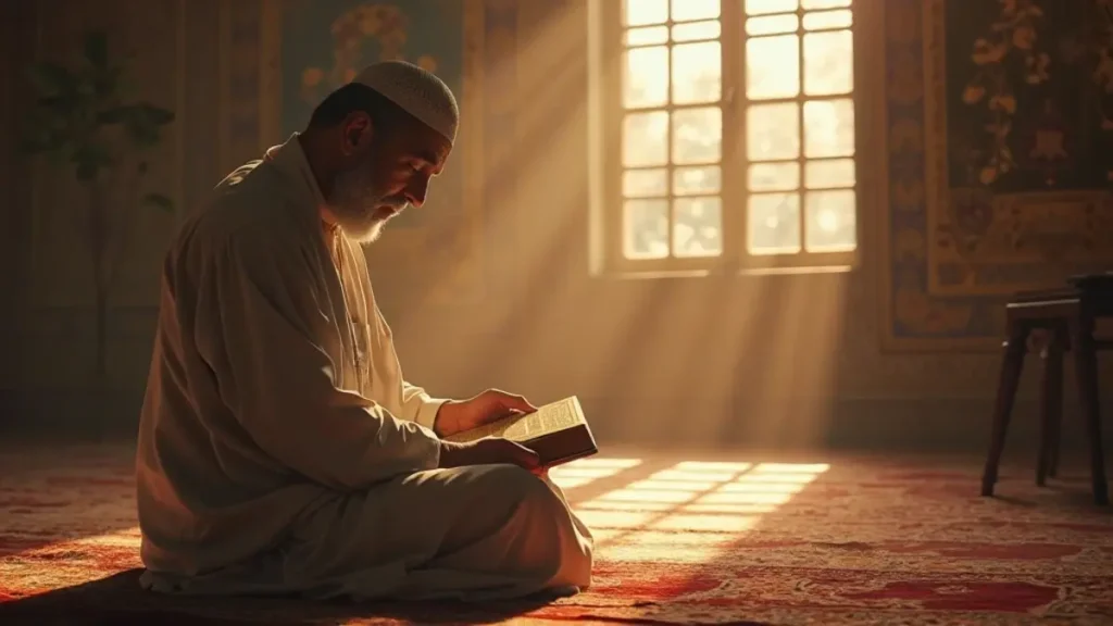 Rüyada Abdest Alıp Kur'ân Okumak: Hem abdest alıp hem Kur'ân okuyan bir kişinin bulunduğu huzurlu ortam, manevi farkındalık ve arınmayı simgeler.