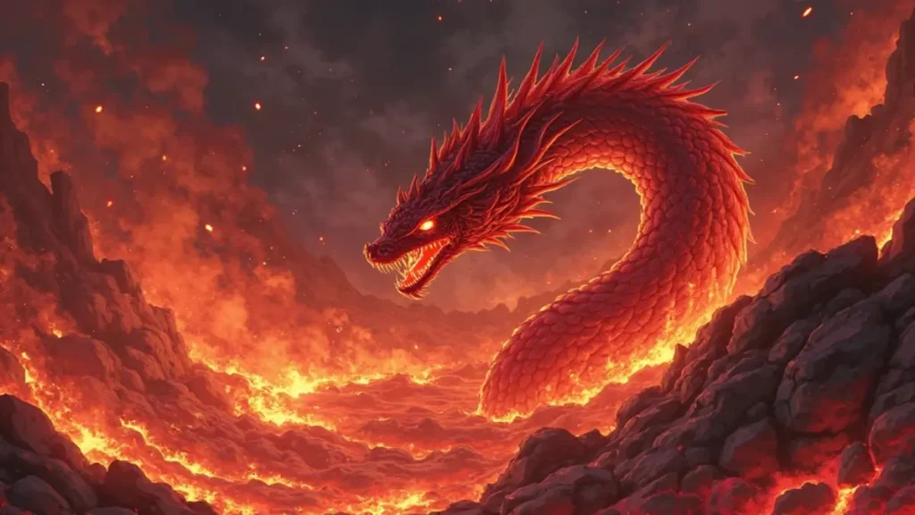 Rüyada Yılan Görmek: Rüyada kırmızı yılan görmek, anime tarzı volkan sahnesi, kırmızı yılan.