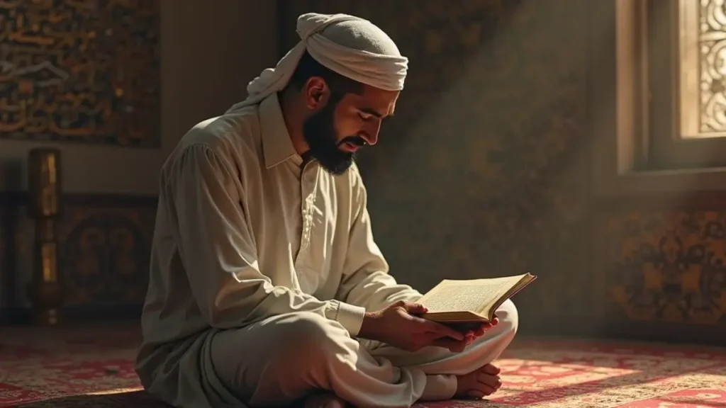 Rüyada Abdest Alıp Kur'ân Okumak: Bir seccade üzerinde huşu içinde Kur'ân-ı Kerim okuyan kişi, ruhsal derinlik ve Allah’a yakınlığı temsil eder.