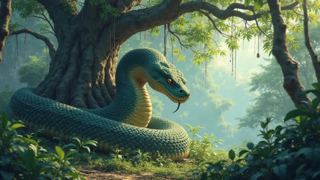 Rüyada Yılan Görmek: Rüyada piton yılanı görmek, anime tarzı orman sahnesi, piton yılanı.