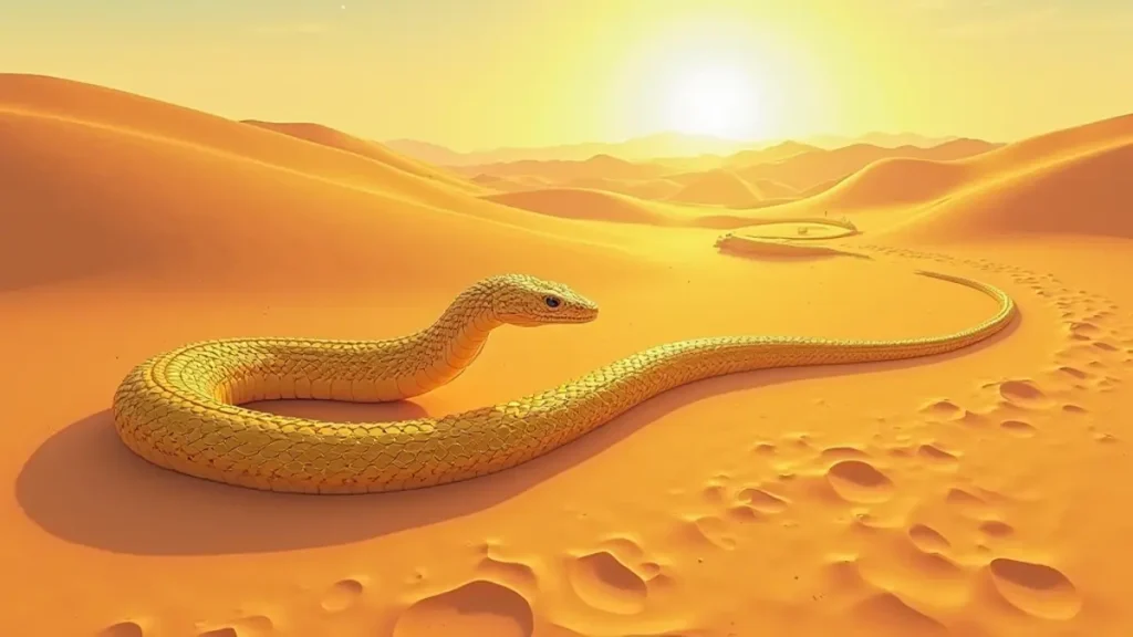 Rüyada Yılan Görmek: Rüyada sarı yılan görmek yorumu, anime tarzı çöl sahnesi, sarı yılan.