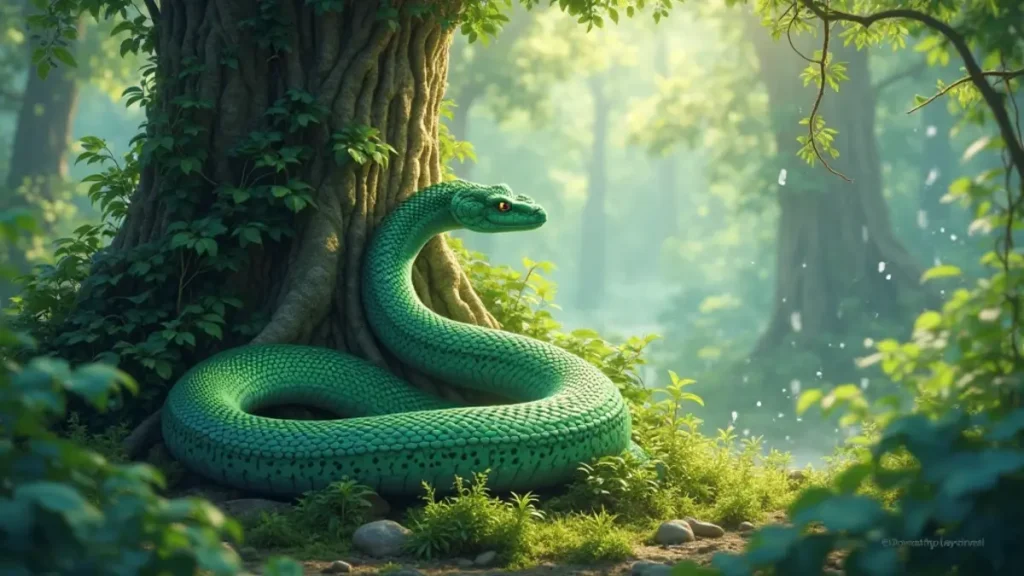 Rüyada Yılan Görmek: Rüyada yeşil yılan görmek anlamı, anime tarzı yağmur ormanı sahnesi, yeşil yılan.