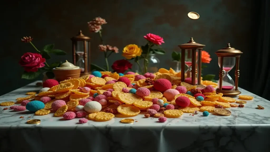 Rüyada abur cubur görmek ve anlamı: Geçici zevkler ve sorumluluklardan kaçışı sembolize eden sanatsal bir kompozisyon.