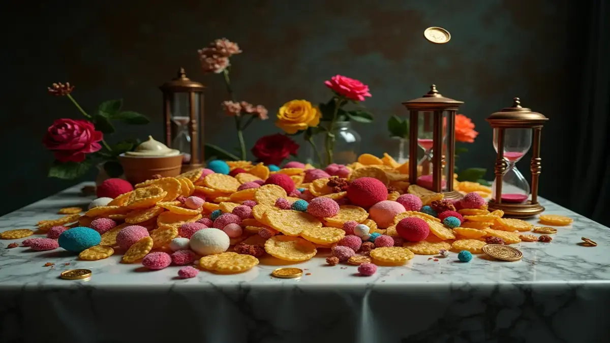 Rüyada abur cubur görmek ve anlamı: Geçici zevkler ve sorumluluklardan kaçışı sembolize eden sanatsal bir kompozisyon.