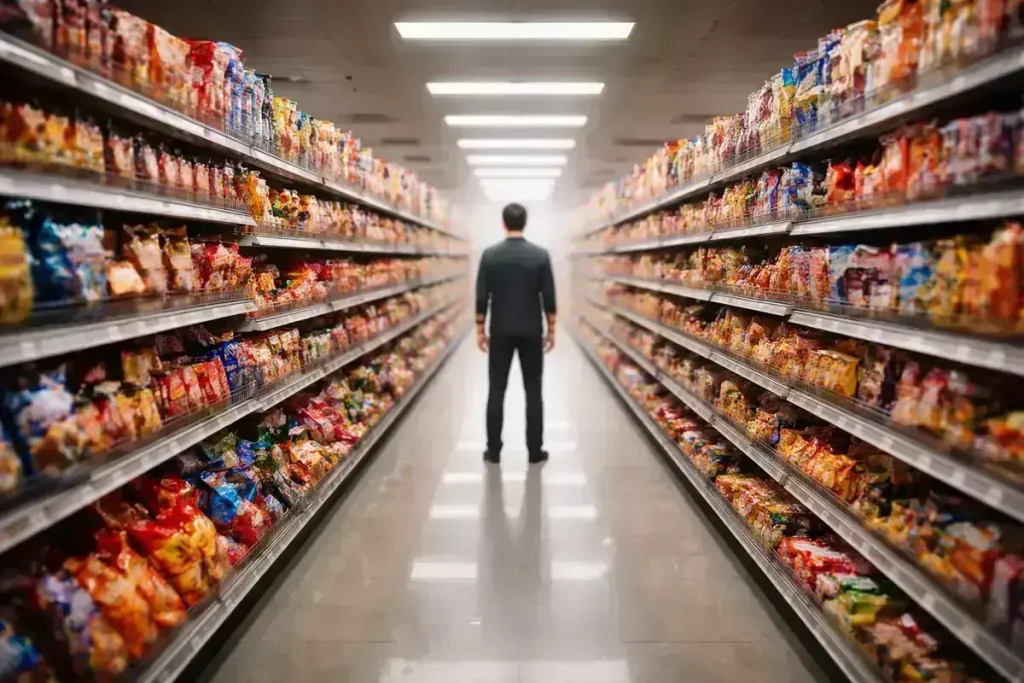 Rüyada abur cubur dolu bir yer görmek, çok seçenek karşısında yaşanan kararsızlık ve zaman kaybını temsil eder.