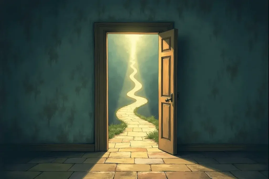 Rüyada açık kapı görmenin genel anlamını ve hayat yollarını simgeleyen görsel anlatım.
