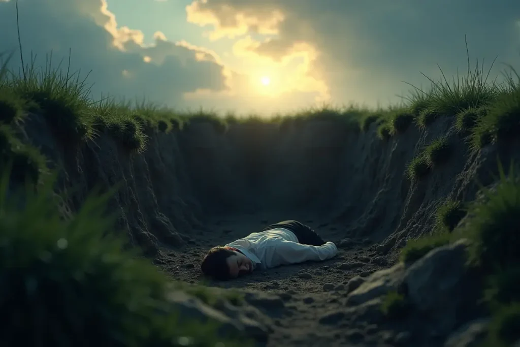 Rüyada açık mezarda yatmanın geçici sıkıntı anlamını temsil eden görsel.