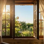 Rüyada açık pencere görmek: Rüyada sonuna kadar açık pencereden içeri giren parlak güneş ışığı ve dışarıdaki huzurlu bahçe manzarası.