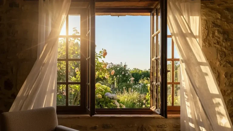Rüyada açık pencere görmek: Rüyada sonuna kadar açık pencereden içeri giren parlak güneş ışığı ve dışarıdaki huzurlu bahçe manzarası.