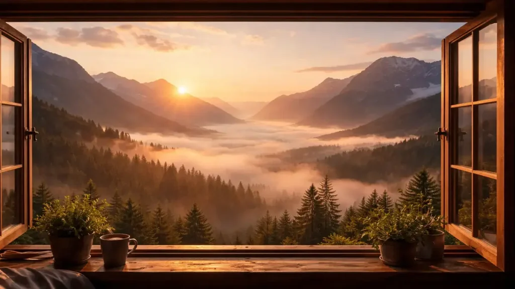 Rüyada yüksek bir kattaki açık pencereden sisli vadi ve dağ manzarasına bakış.