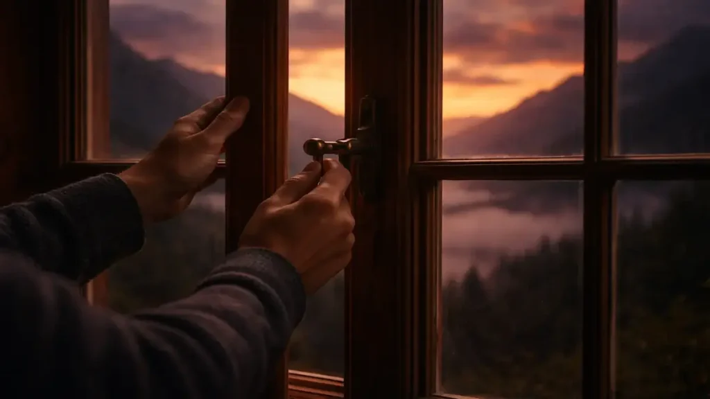 Rüyada eski bir açık pencereyi kapatmak için uzanan eller ve dışarıdaki akşam karanlığı.