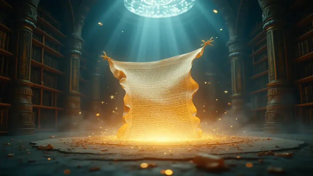 Rüyada ad görmek ve kaderin yazılı olduğu kadim parşömenler üzerine sembolik bir temsil.