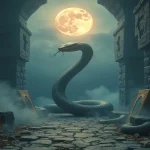 Rüyada yılan görmek temasını simgeleyen, gizli düşmanlık ve manevi dönüşüm anlamlarını yansıtan sanatsal rüya görseli.