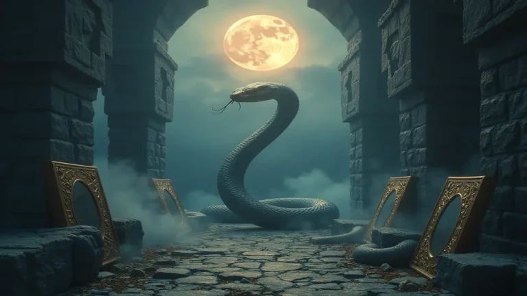 Rüyada yılan görmek temasını simgeleyen, gizli düşmanlık ve manevi dönüşüm anlamlarını yansıtan sanatsal rüya görseli.