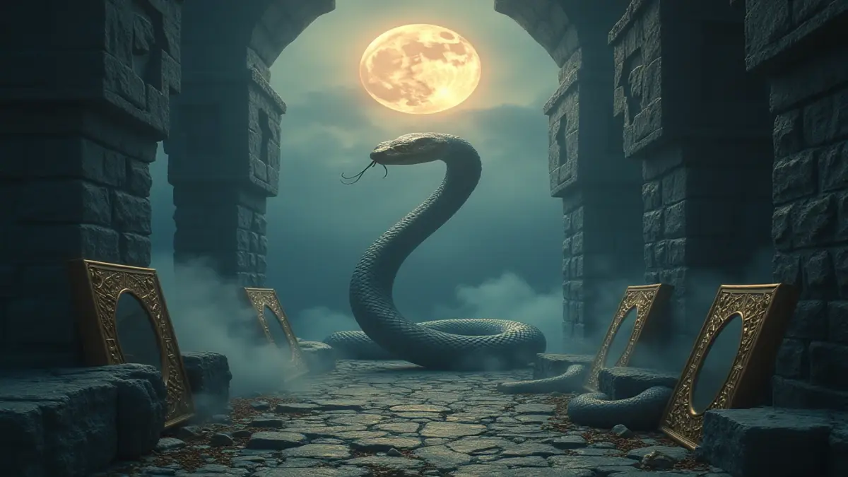 Rüyada yılan görmek temasını simgeleyen, gizli düşmanlık ve manevi dönüşüm anlamlarını yansıtan sanatsal rüya görseli.