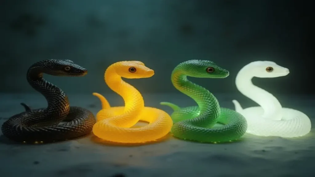 Rüyada yılan renklerinin siyah sarı yeşil beyaz farklı anlamlarını sembolik olarak anlatan sanatsal görsel.