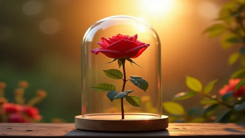 rüyada adet görmek: Hamilelikte görülen müjdeli haberleri temsil eden, cam fanus içindeki kırmızı gül.