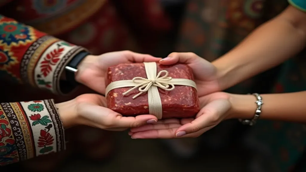 İhtiyaç sahibine adak eti dağıtan bir el ve yardımlaşmanın manevi huzuru.