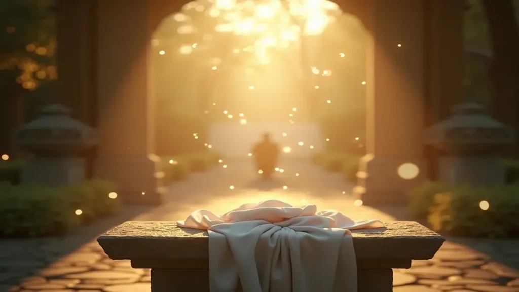 Rüyada adak görmek: Rüyada adak görmeyi simgeleyen manevi atmosferde taş bir sunak ve altın rengi ışıklar.