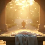 Rüyada adak görmek: Rüyada adak görmeyi simgeleyen manevi atmosferde taş bir sunak ve altın rengi ışıklar.