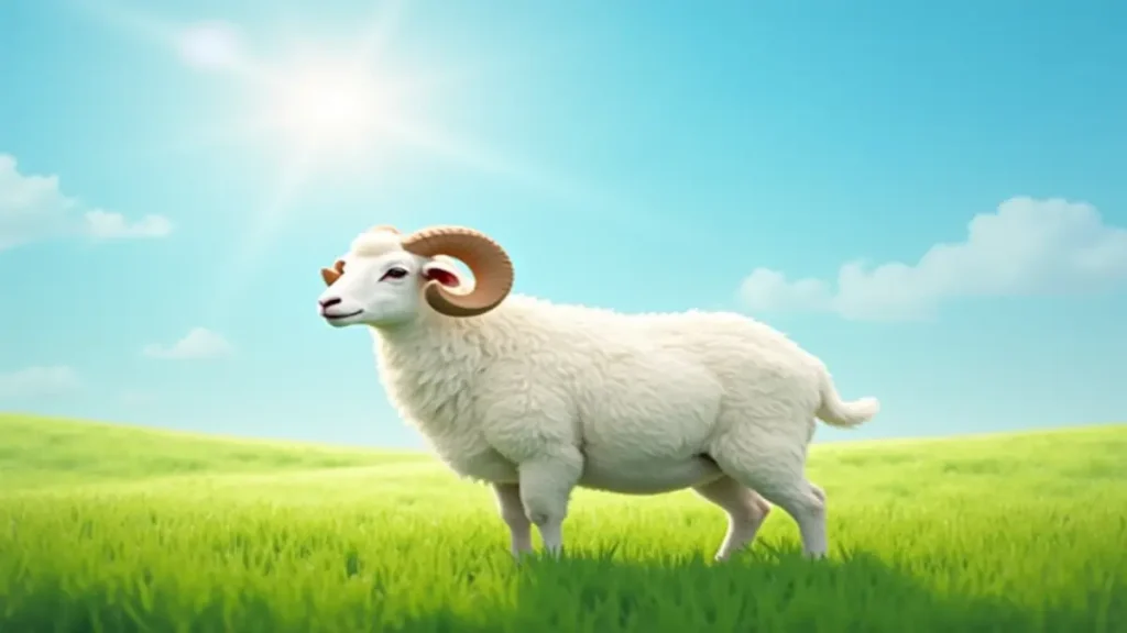 Yeşil bir çayırda huzurla duran beyaz adaklık koyun ve bereketli rızık sembolü.