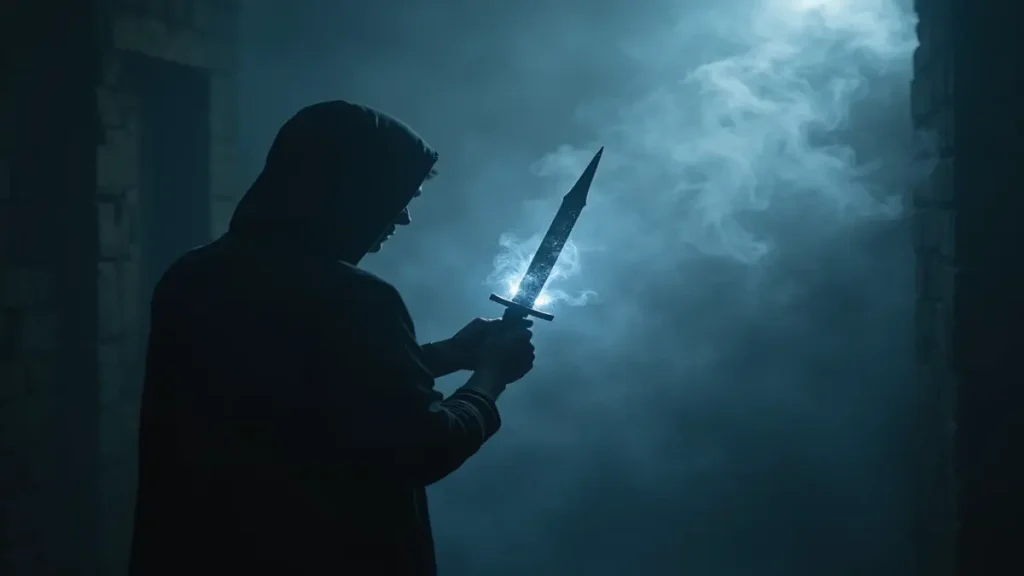 Rüyada adam bıçaklamak: Rüyada adam bıçaklamanın bilinçaltı sembolizmini temsil eden gizemli ve dramatik bir görsel.