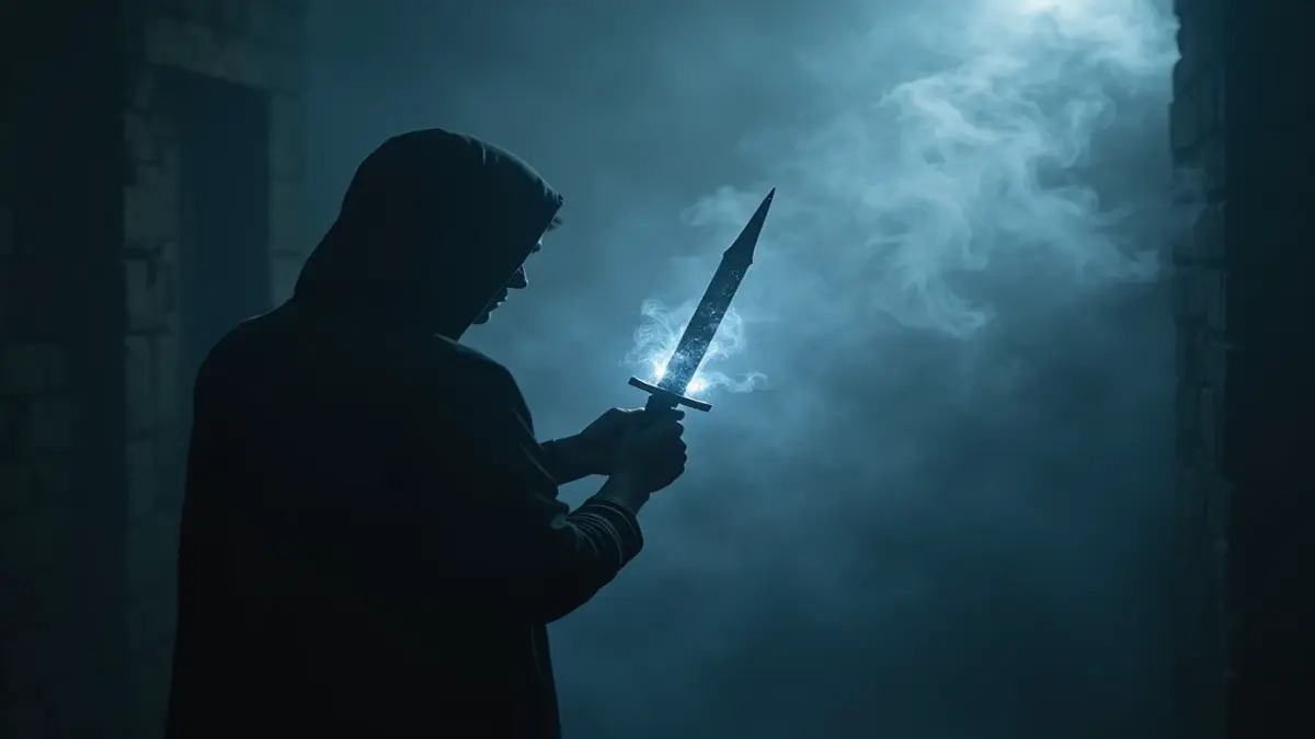 Rüyada adam bıçaklamak: Rüyada adam bıçaklamanın bilinçaltı sembolizmini temsil eden gizemli ve dramatik bir görsel.