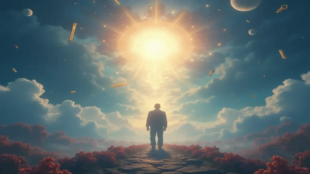 Rüyada adam görmek: Rüyada adam görmenin sembolik anlamlarını ve hayırlı kısmetleri temsil eden sanatsal rüya illüstrasyonu.