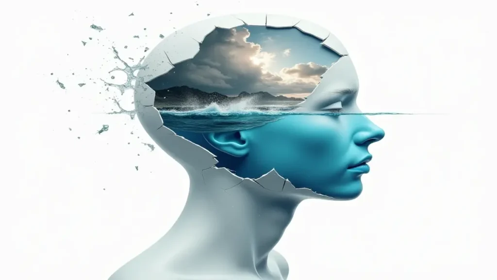 Bilinçaltındaki çatışmaları ve duygusal dönüşümü anlatan soyut insan profili.